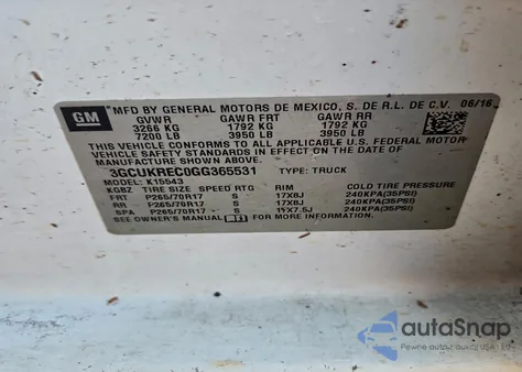 2016 Chevrolet Silverado K1500 Lt z USA, uszkodzony, nr VIN 3GCUKREC0GG365531